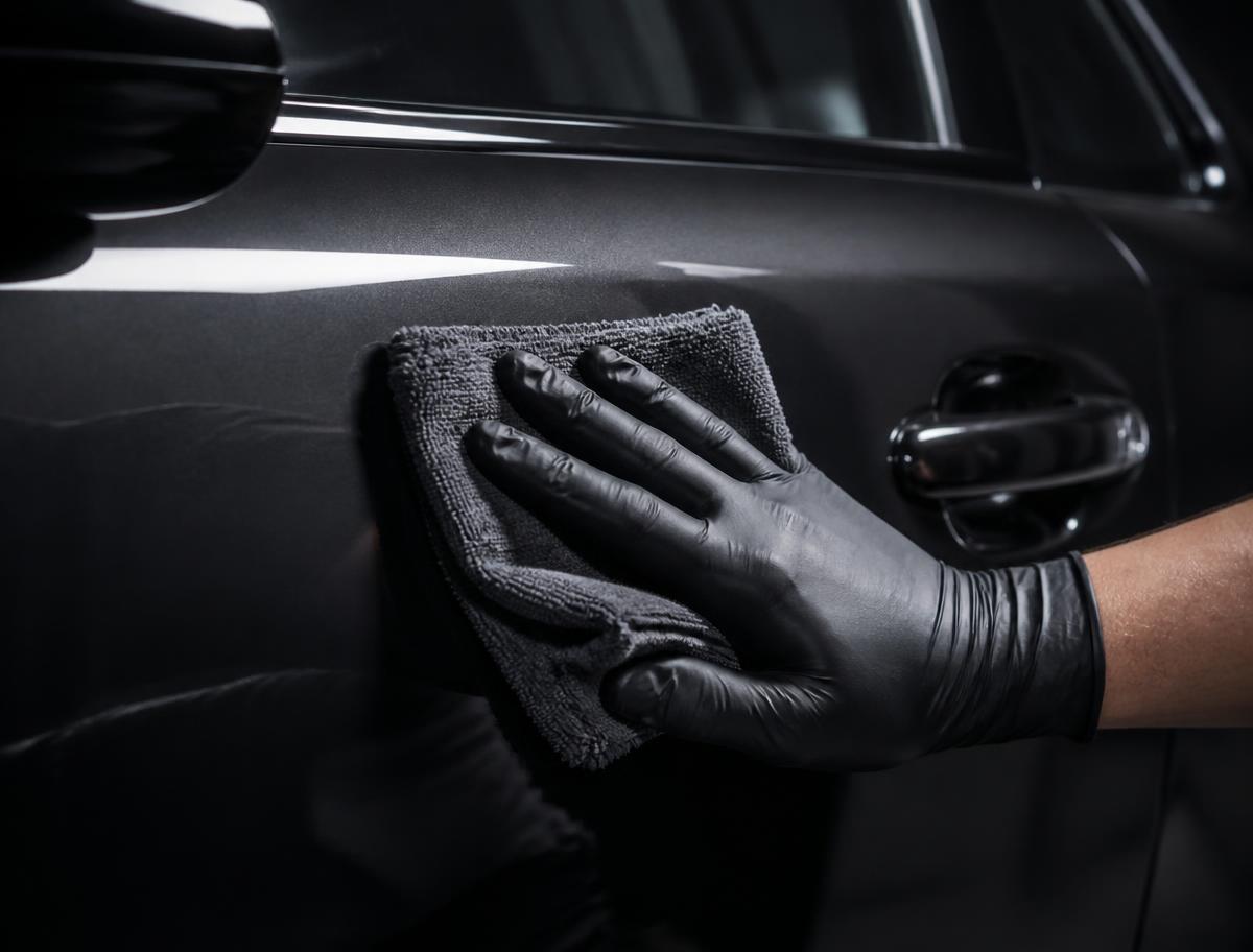 Detailer hand-polishing a dark car door panel with a microfiber towel