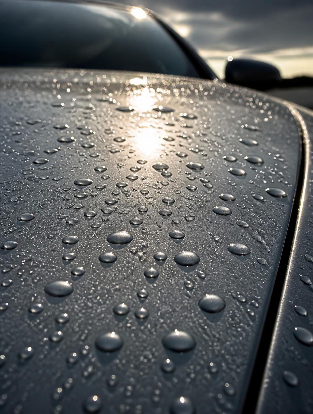 Water beading on the freshly detailed, glossy hood of a car